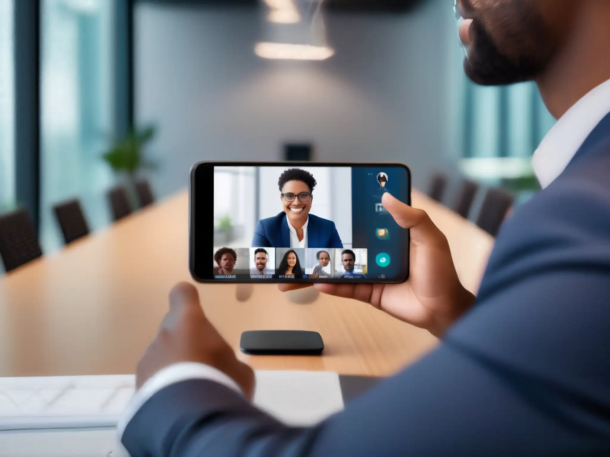Videoconferencia móvil profesional: múltiples participantes en pantalla Persona usando una moderna plataforma de videoconferencia móvil en un entorno profesional
