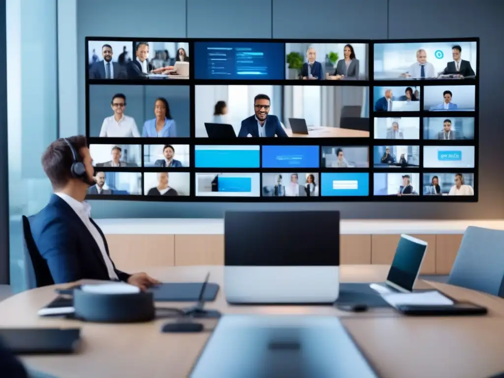Profesional multitarea: desafíos del videoconferencing Persona gestiona multitarea en videoconferencias con múltiples pantallas y dispositivos, reflejando profesionalismo y eficiencia