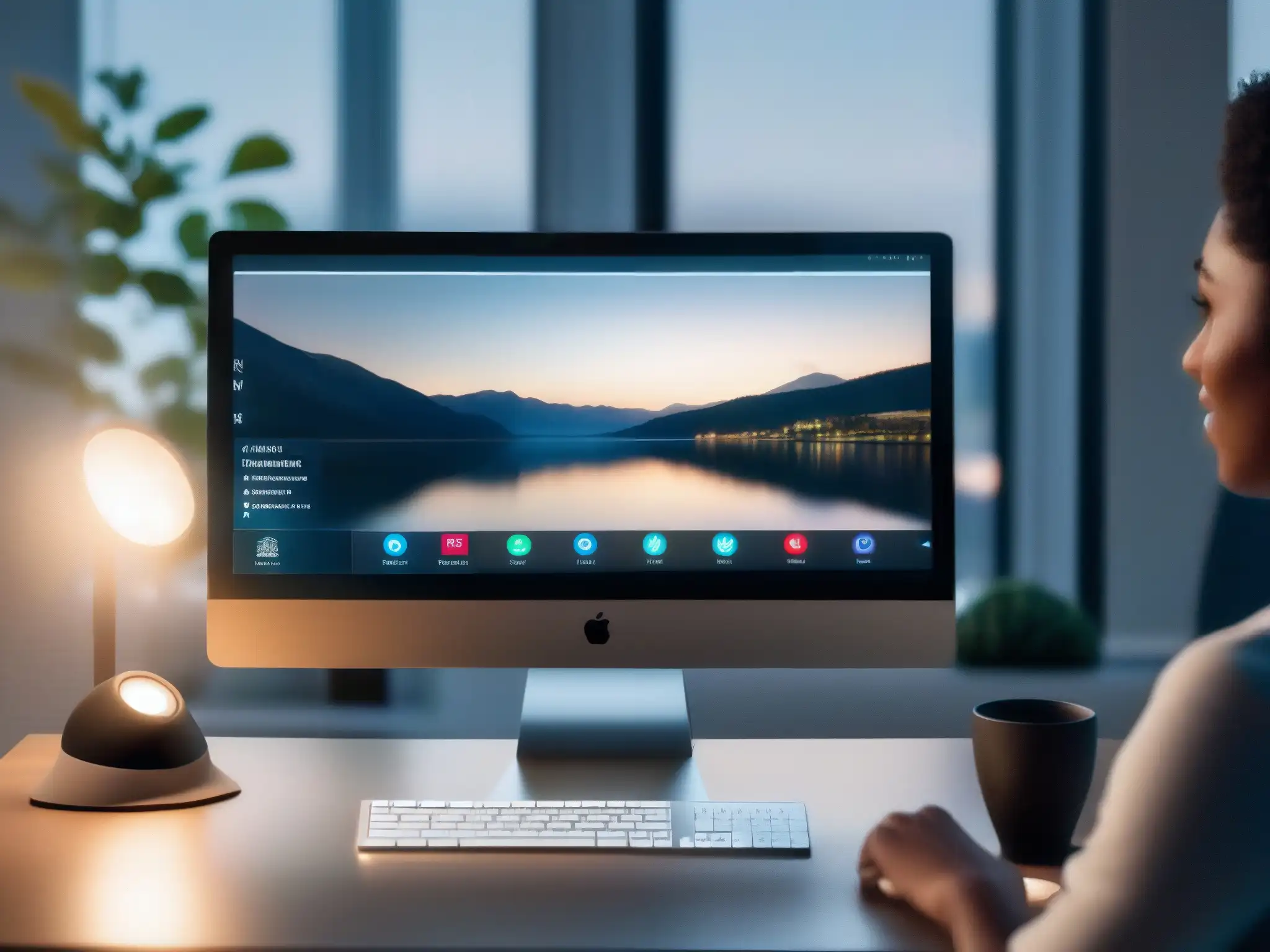 Configurando notificaciones: entorno sereno para videoconferencias Persona ajustando notificaciones videoconferencias en escritorio ordenado con moderna pantalla de computadora