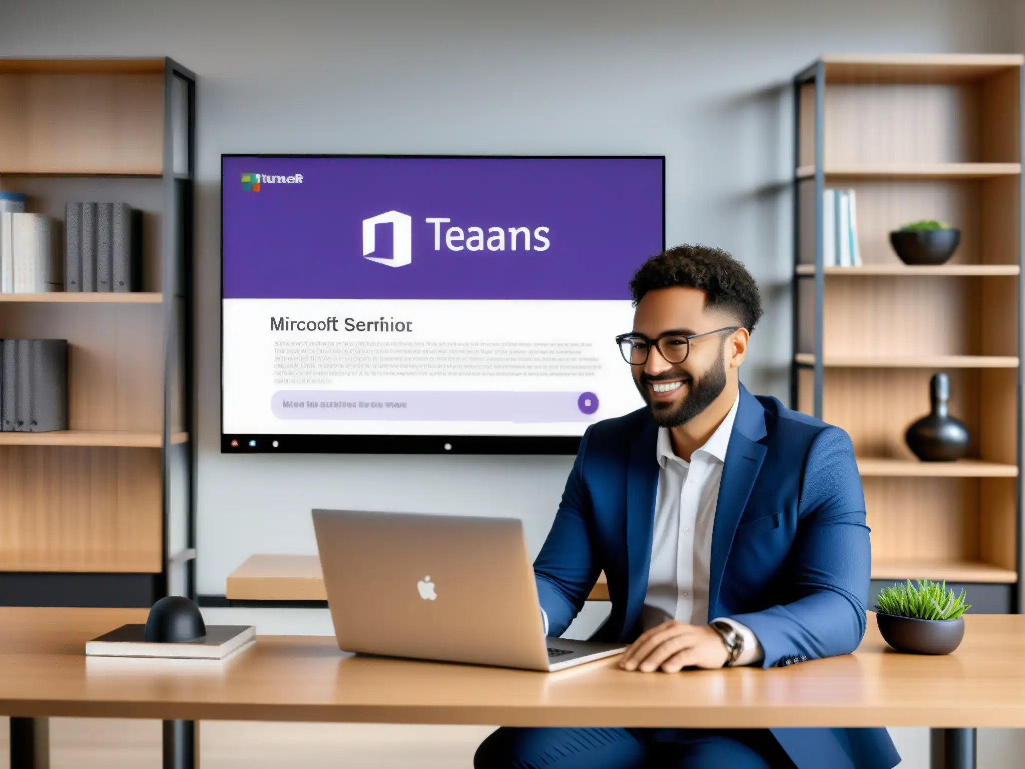 Configuración de notificaciones en Microsoft Teams durante videoconferencia Persona ajustando notificaciones videoconferencias en oficina moderna