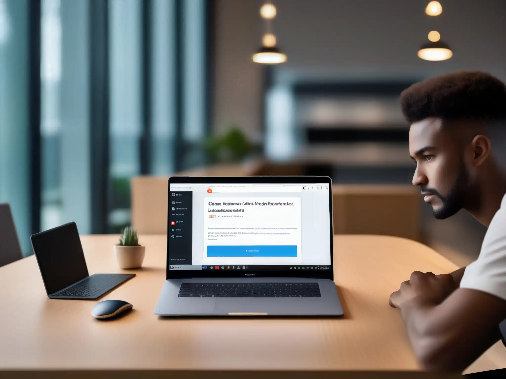 Configuración de notificaciones en Zoom: enfoque y determinación Persona configurando notificaciones en Zoom para videoconferencias, con determinación en un entorno profesional y educativo