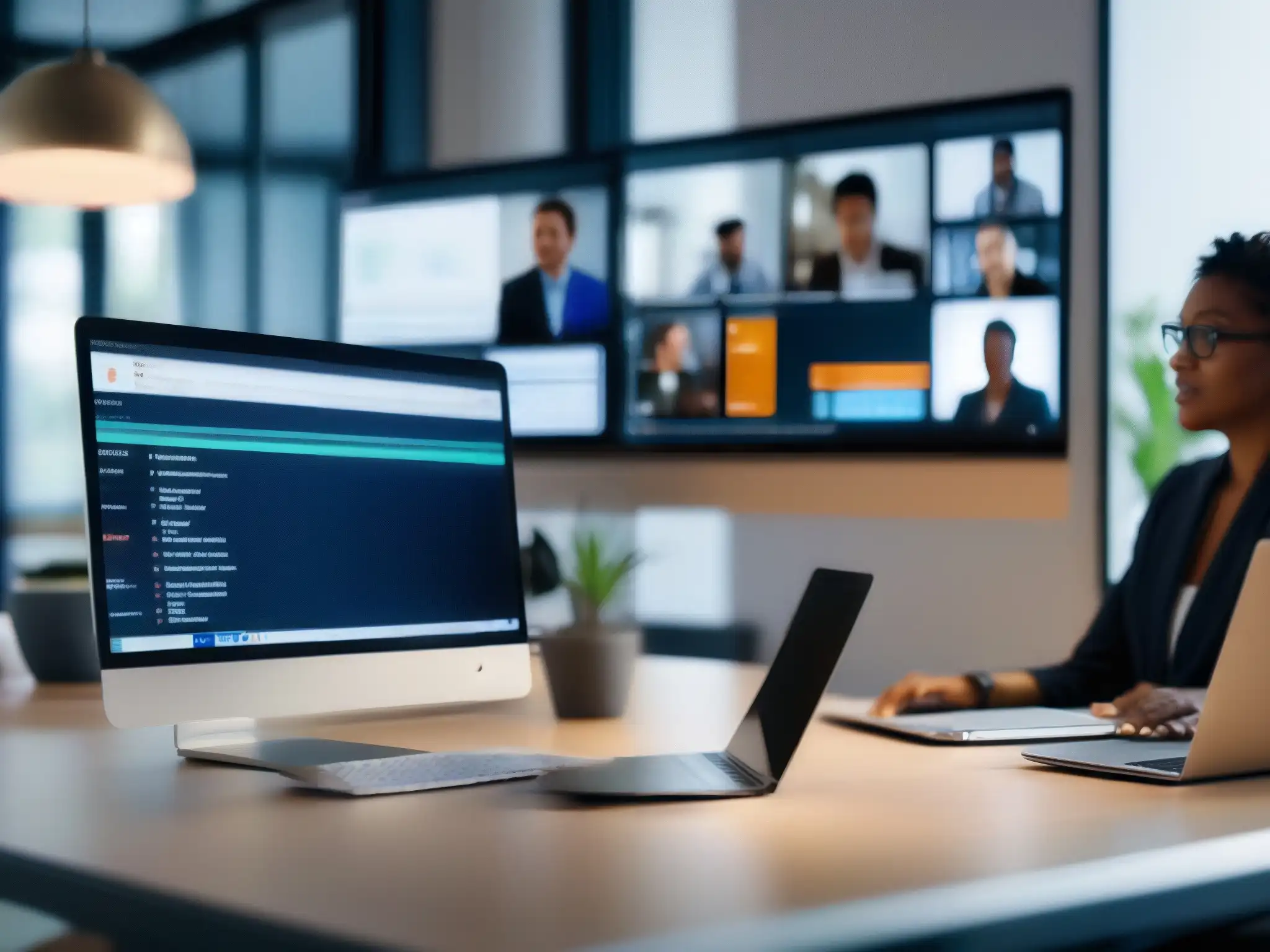 Profesional multitarea en oficina moderna Persona en oficina moderna, productividad en videoconferencias multitasking