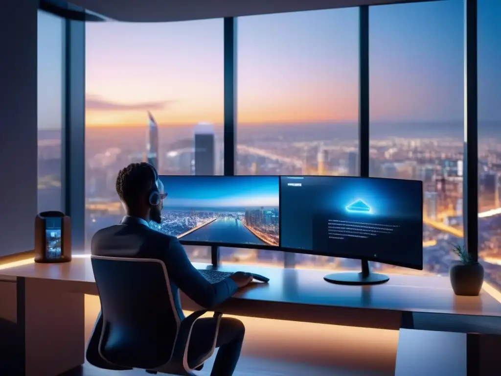 Oficina en casa de alta tecnología en 8K Persona en oficina moderna con tecnología avanzada, promoviendo equilibrio vida-trabajo en videoconferencias