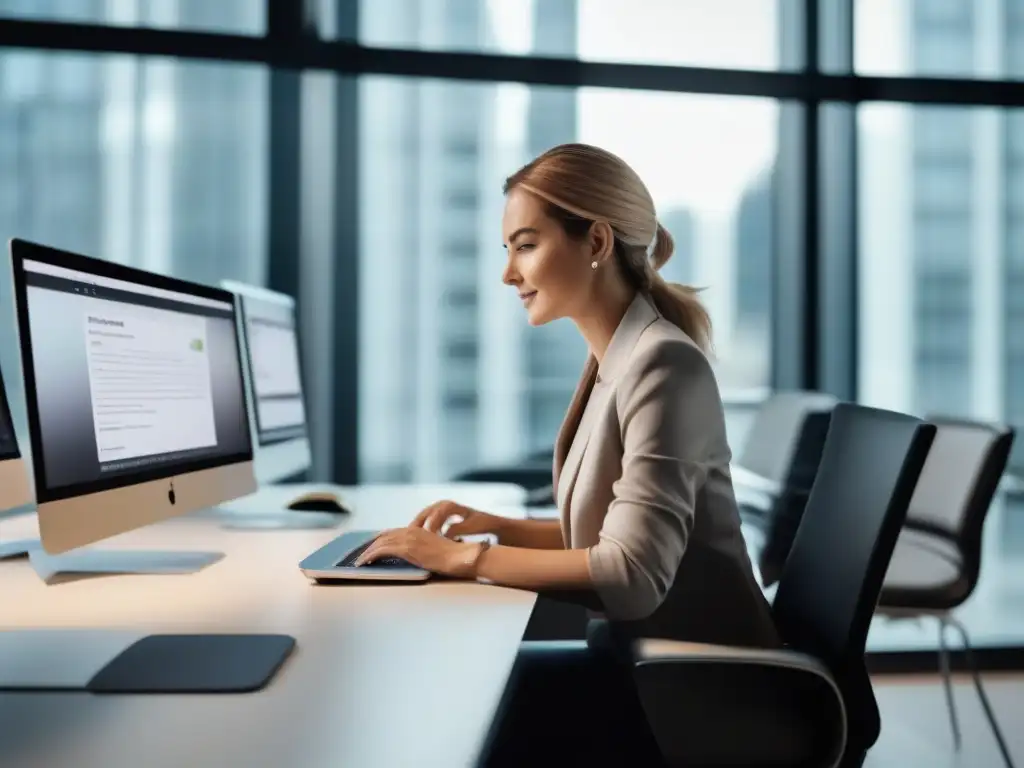 Integración perfecta: ClickMeeting y email marketing en acción Una persona trabaja en una oficina profesional e integrando ClickMeeting con una plataforma de email marketing en su computadora