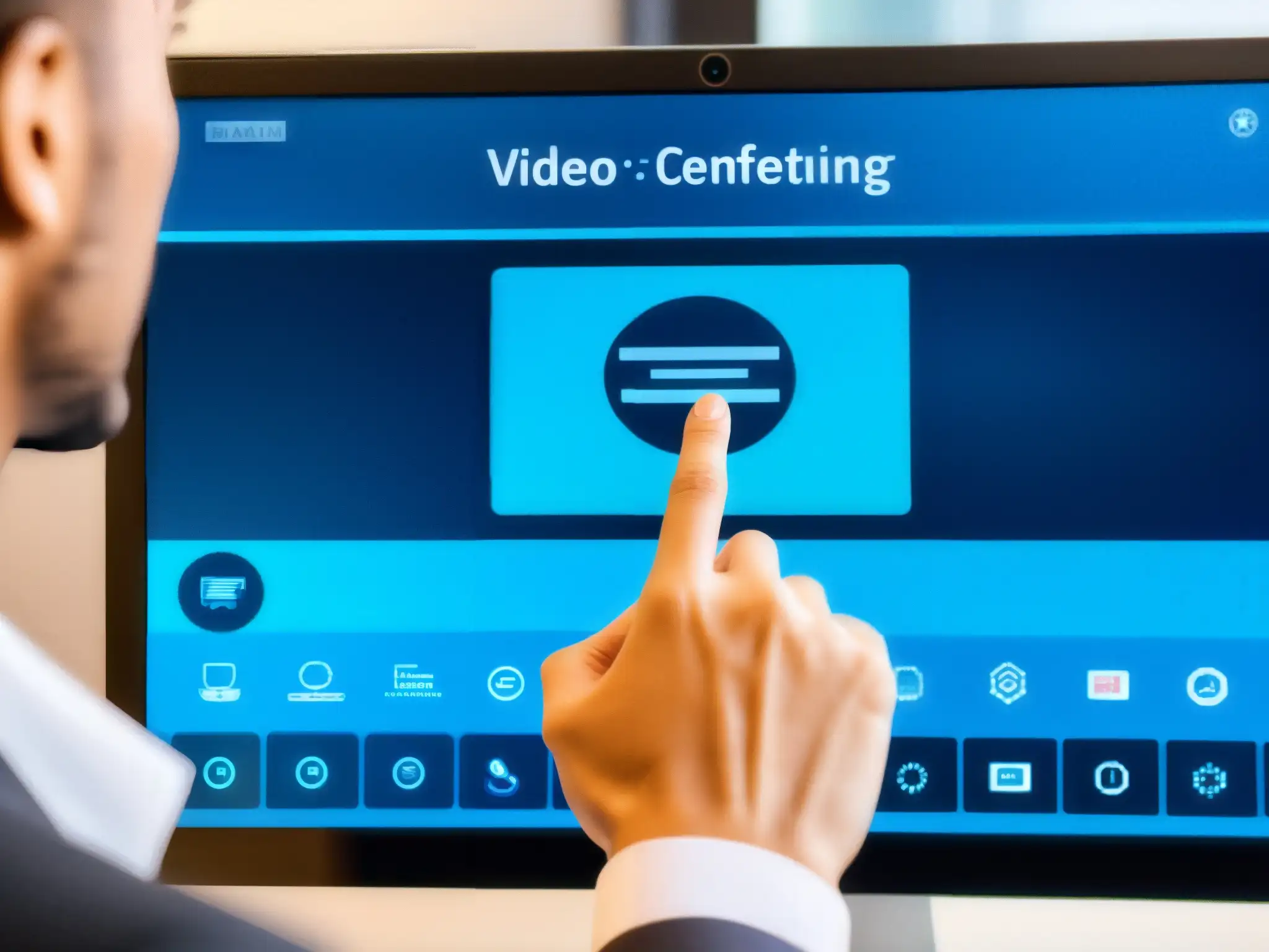 Anonimización en videoconferencias: Ajustes profesionales Persona ajustando opciones de anonimización en interface de videoconferencias