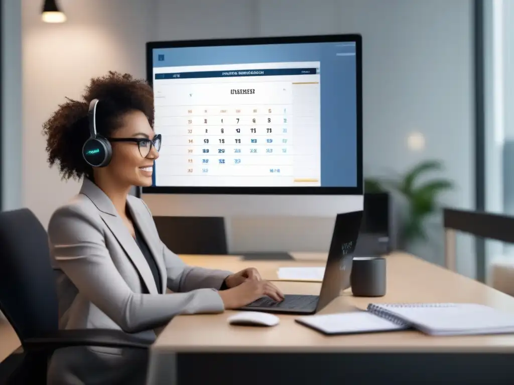 Profesional concentrado en videoconferencia en oficina moderna Persona organizada en videoconferencia con agenda digital