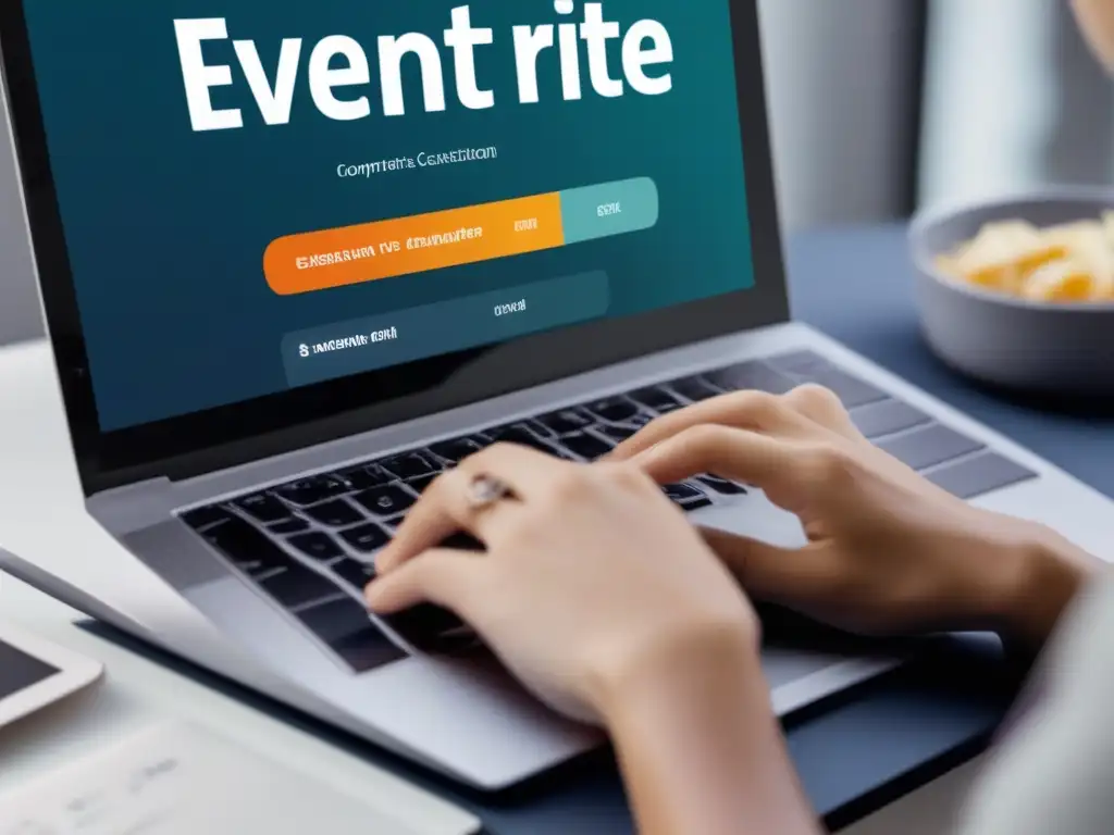 Personalizando página de evento en Eventbrite: Profesionalismo y modernidad Una persona personalizando una página de evento en Eventbrite, enfocada en la gestión de eventos en línea con una interfaz moderna y estilizada