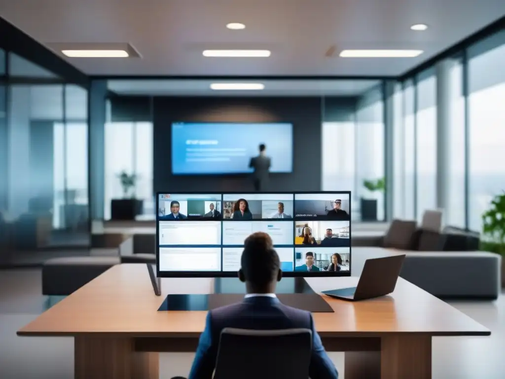 Profesional en videoconferencia con opciones de grabación Una persona utiliza una plataforma de videoconferencia con opciones de grabación