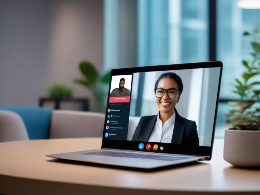 Conferencia virtual segura y profesional 'Persona usando plataforma de videoconferencia con protocolos AntiMalware en un ambiente profesional y seguro, transmitiendo confianza