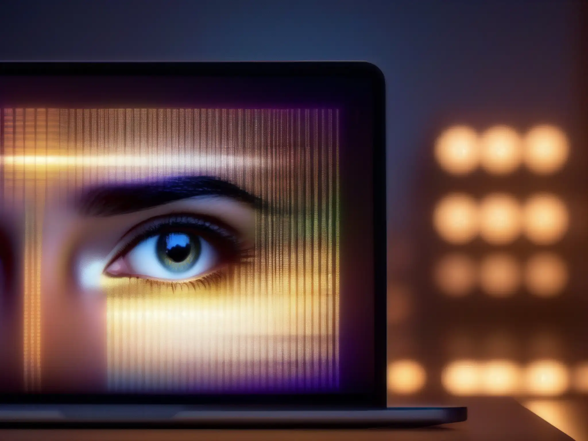 Expresión digital de frustración y desconfianza en videoconferencias Persona preocupada por errores comunes en videoconferencia, reflejados en su rostro iluminado por la pantalla del ordenador