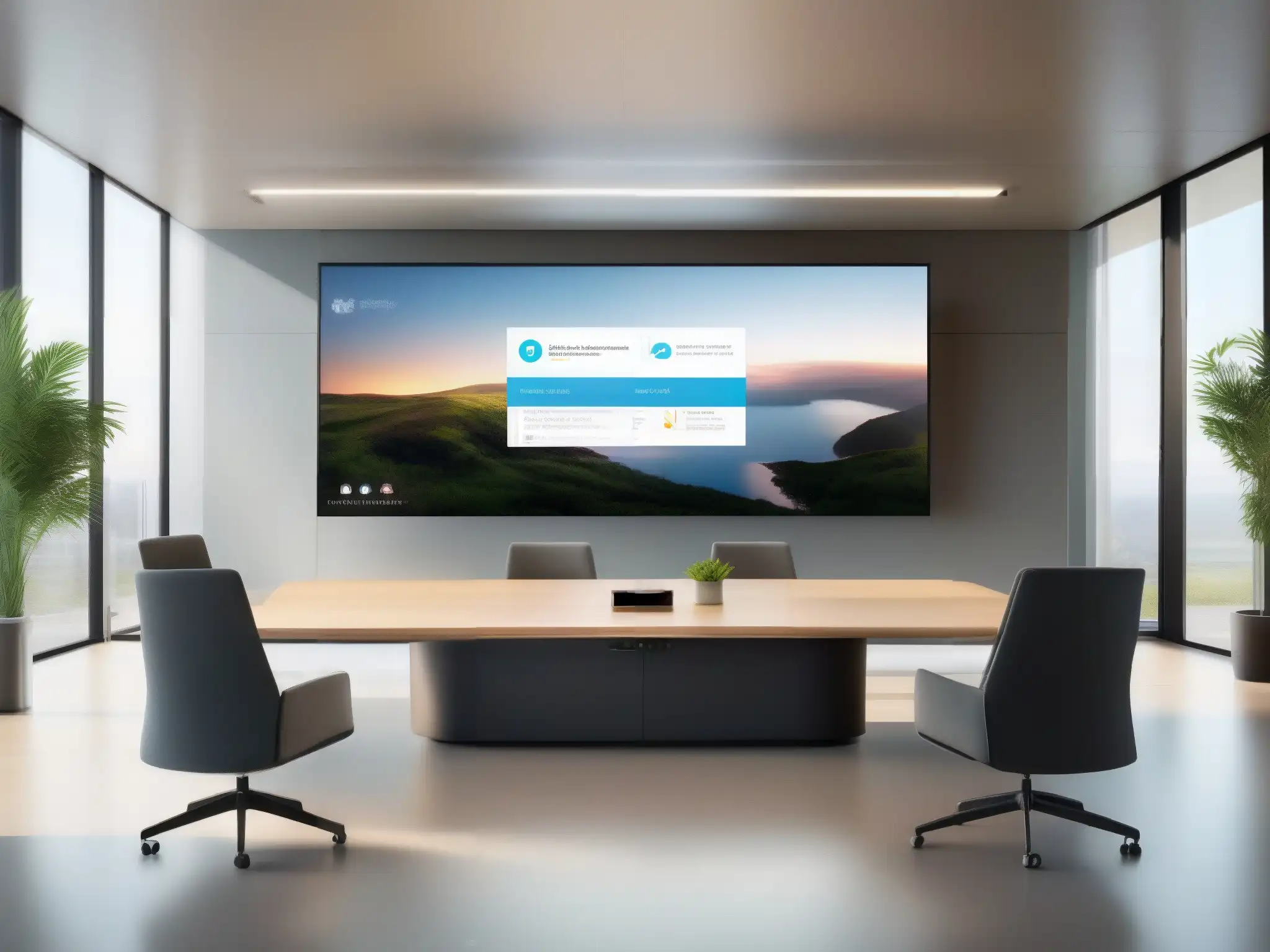 Oficina ecológica con videoconferencia moderna Persona profesional en plataforma de videoconferencia bajo consumo energético en espacios ecoamigables y llenos de luz natural