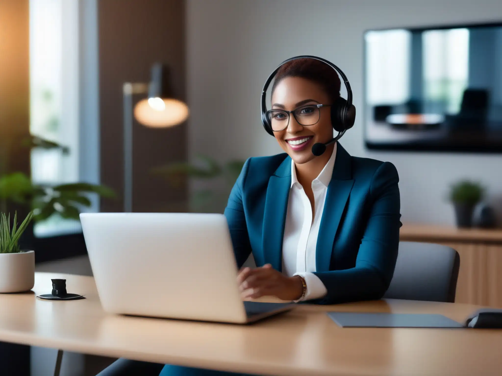 Videoconferencia profesional en casa: Tecnología y estilo Persona profesional en videoconferencia con mejores prácticas protección datos reuniones online