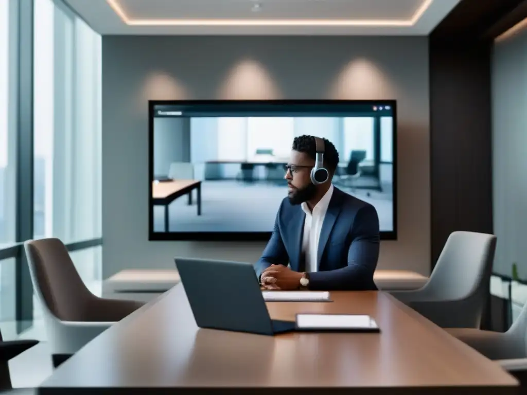 Videoconferencia profesional y elegante: productividad y sofisticación Persona profesional participando en una videoconferencia segura, con una estética elegante y moderna