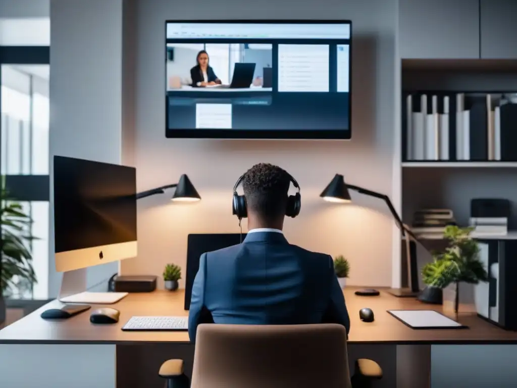 Persona puntual participando en videoconferencia en moderna oficina en casa, fomentando puntualidad en videoconferencias