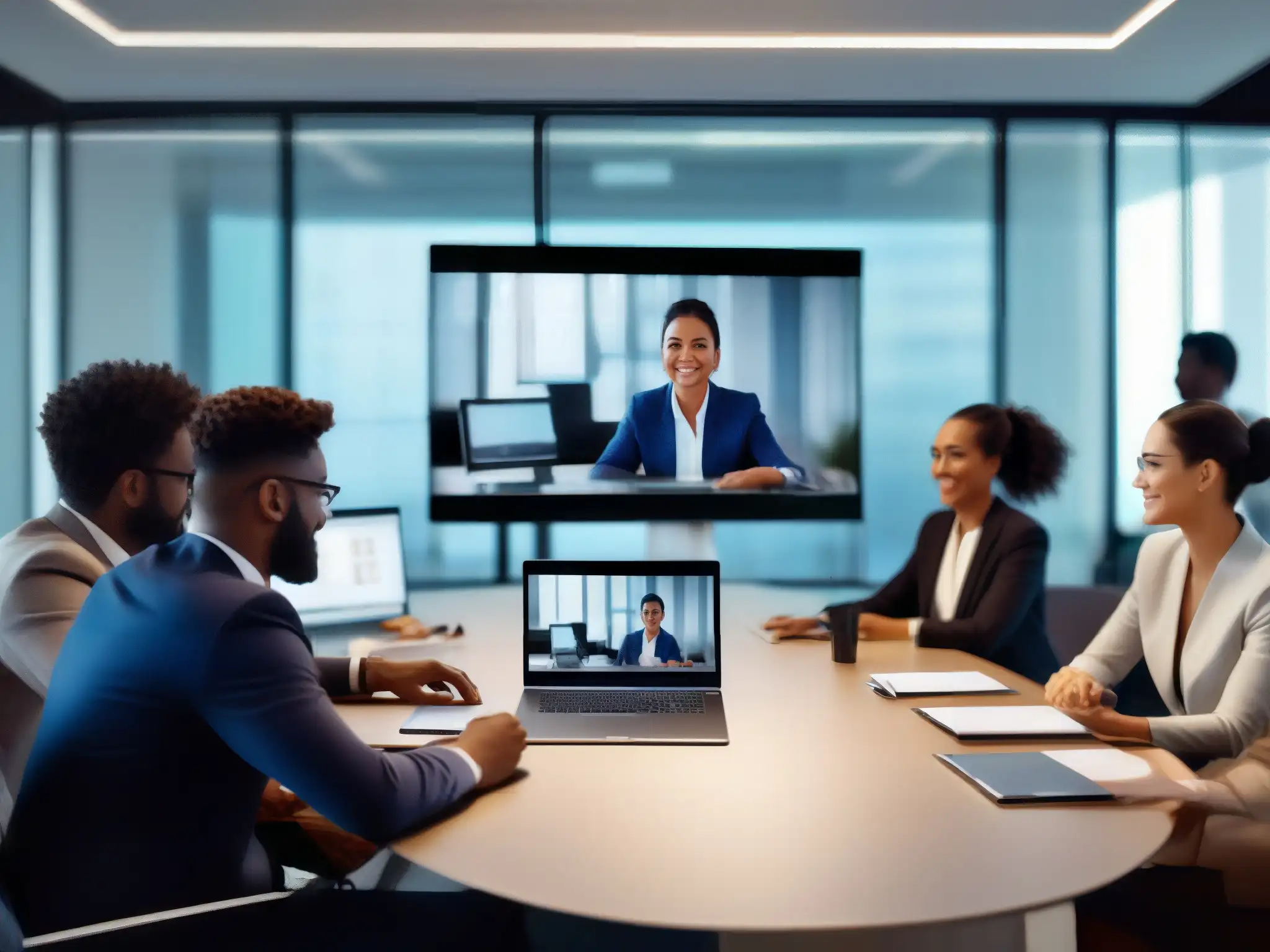 Videoconferencia profesional con laptop moderno Persona en reunión virtual con herramientas de medición impacto en videoconferencias