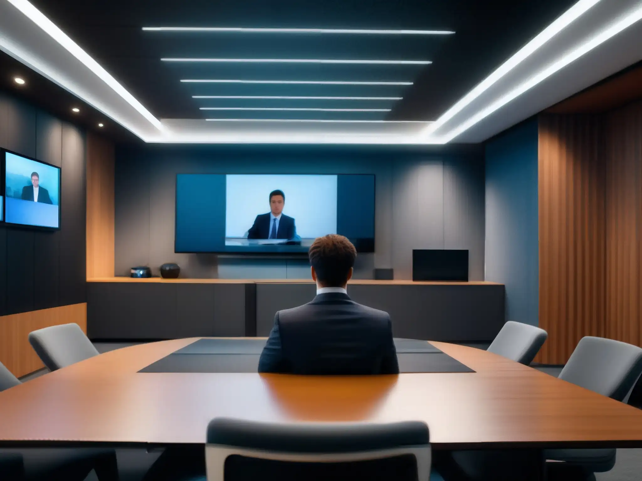 Videoconferencia profesional en entorno insonorizado Persona en sala insonorizada con equipo de videoconferencia de última generación
