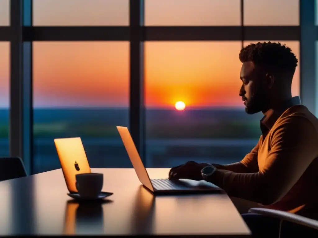 Atardecer exitoso en Webex: Cierre de sesión relajado Persona satisfecha cierra su laptop al atardecer tras una exitosa videoconferencia en Webex