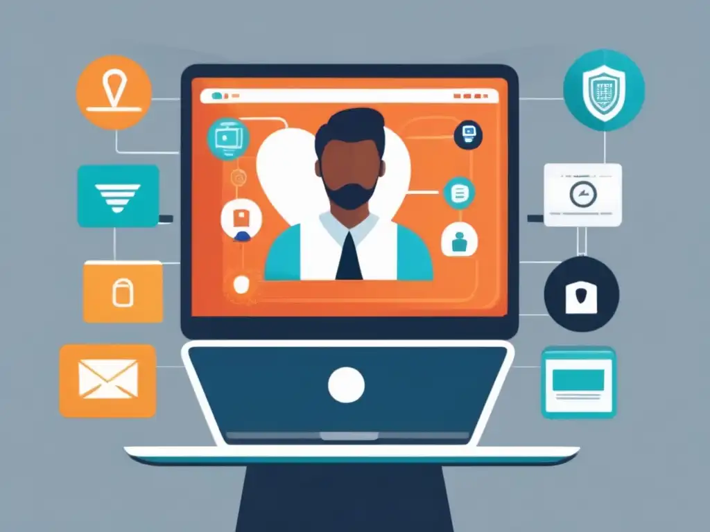 Videoconferencia segura: confianza y protección digital Persona segura en videoconferencia, proteger identidad digital, interfaz moderna y símbolos de seguridad