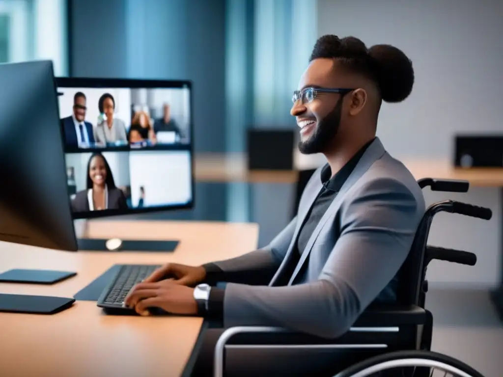 Conferencia accesible: usuario confiado usa voz y silla de ruedas Persona en silla de ruedas utiliza comandos de voz en videoconferencias, destacando la inclusión y accesibilidad