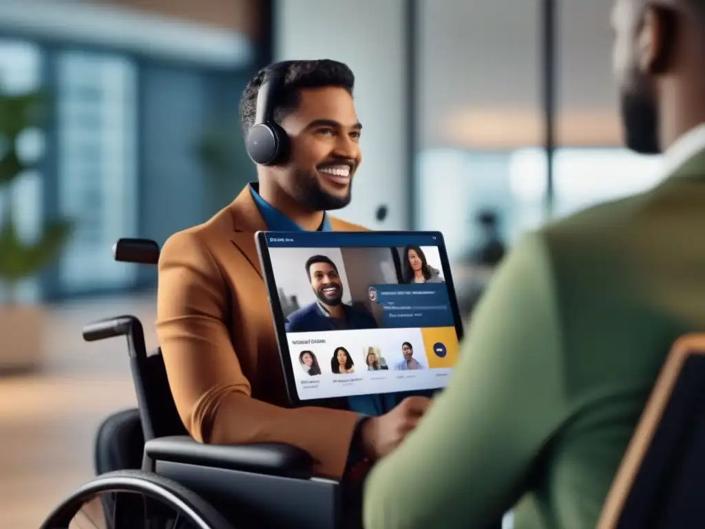 Accesibilidad en videoconferencias: control por voz desde silla de ruedas Persona en silla de ruedas usando comandos de voz en videoconferencias en una oficina moderna e inclusiva