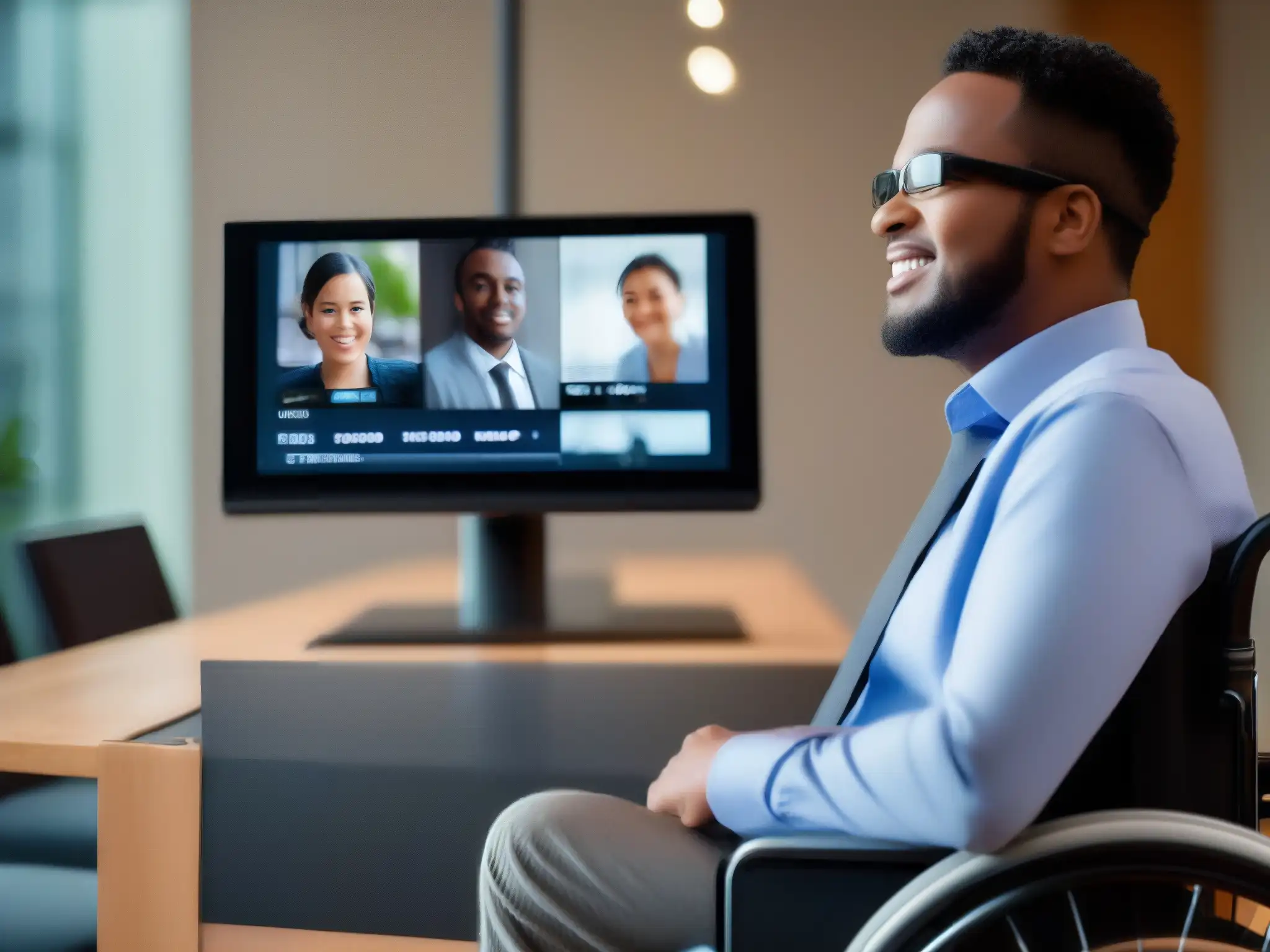 Empoderamiento con Comandos de Voz en Videoconferencia Persona en silla de ruedas usando comandos de voz en videoconferencias para comunicación inclusiva y accesibilidad digital