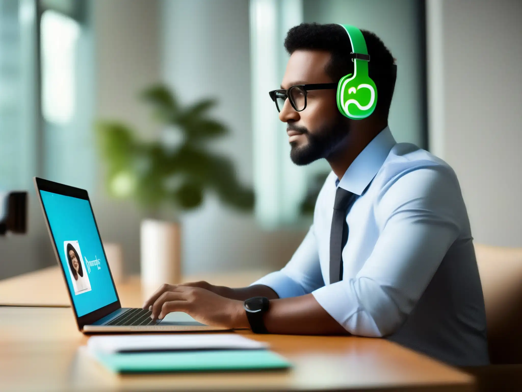 Profesionalidad integrada: Evernote y Skype en acción Persona usando Evernote y Skype en un entorno profesional y minimalista, mostrando la eficiencia de ambas herramientas de videoconferencia comparativa