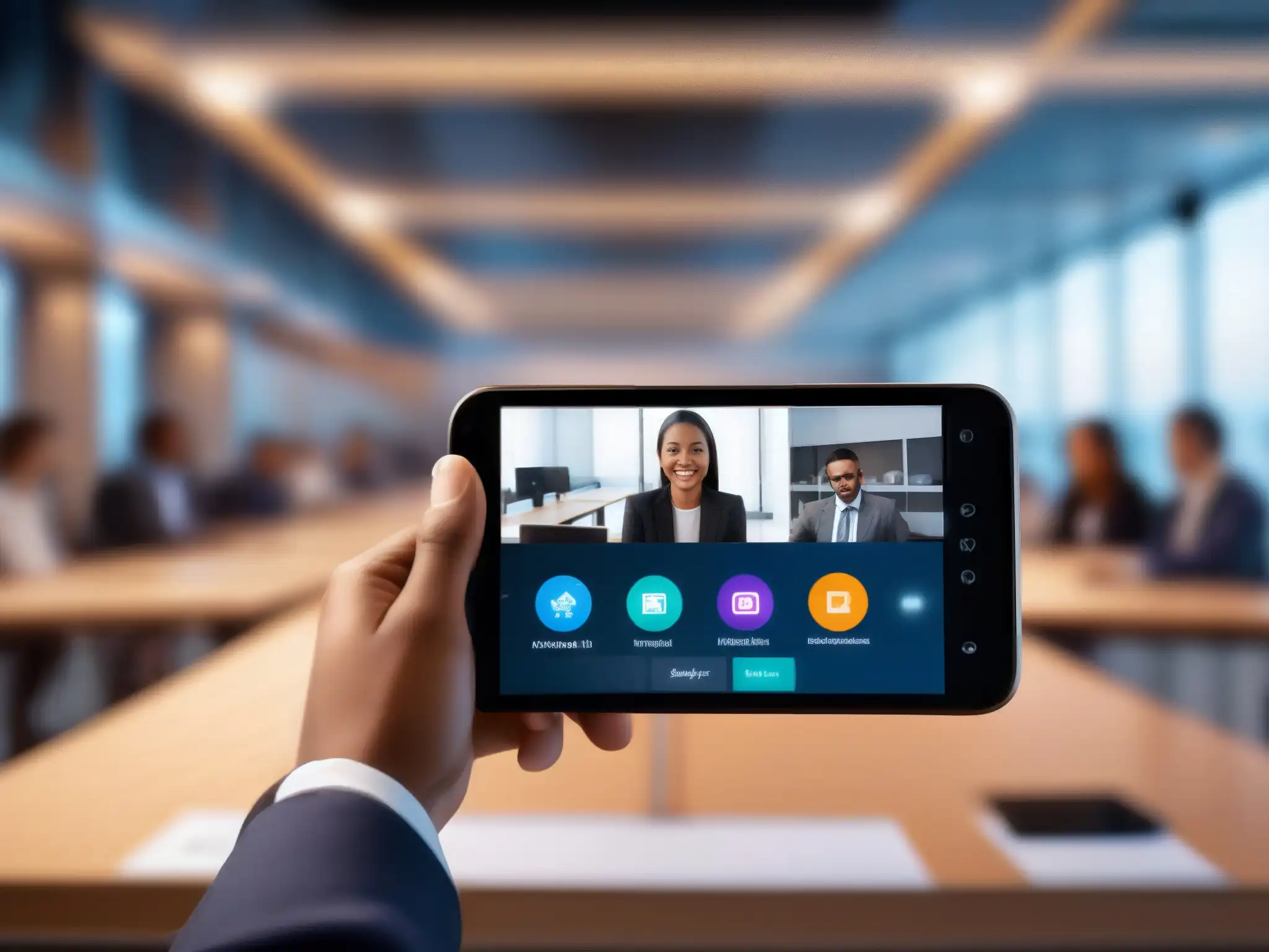 Videoconferencia profesional en smartphone Persona usando smartphone para gestión de videoconferencias, ambiente profesional y moderno