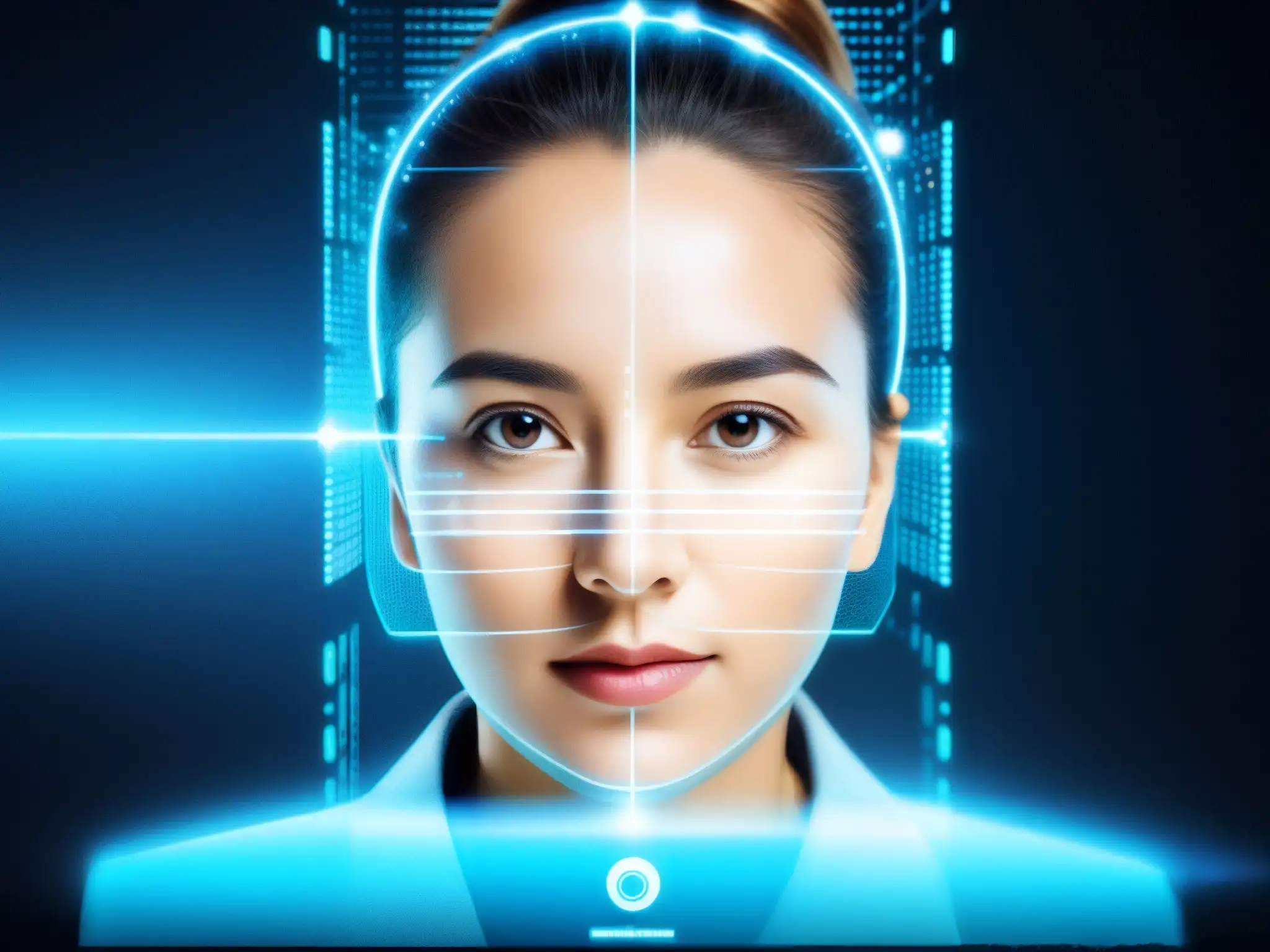 Escaneo facial de alta tecnología en videoconferencia Una persona es escaneada por software de reconocimiento facial en una videoconferencia, con líneas de código y puntos de datos