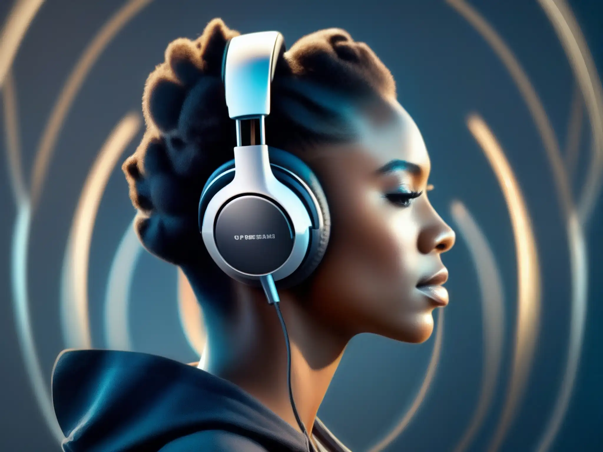 Inmersión auditiva: Detalles de auriculares con ondas de sonido Persona sumergida en calidad de audio en videoconferencia con auriculares de diseño moderno y patrones de ondas de sonido intrincados
