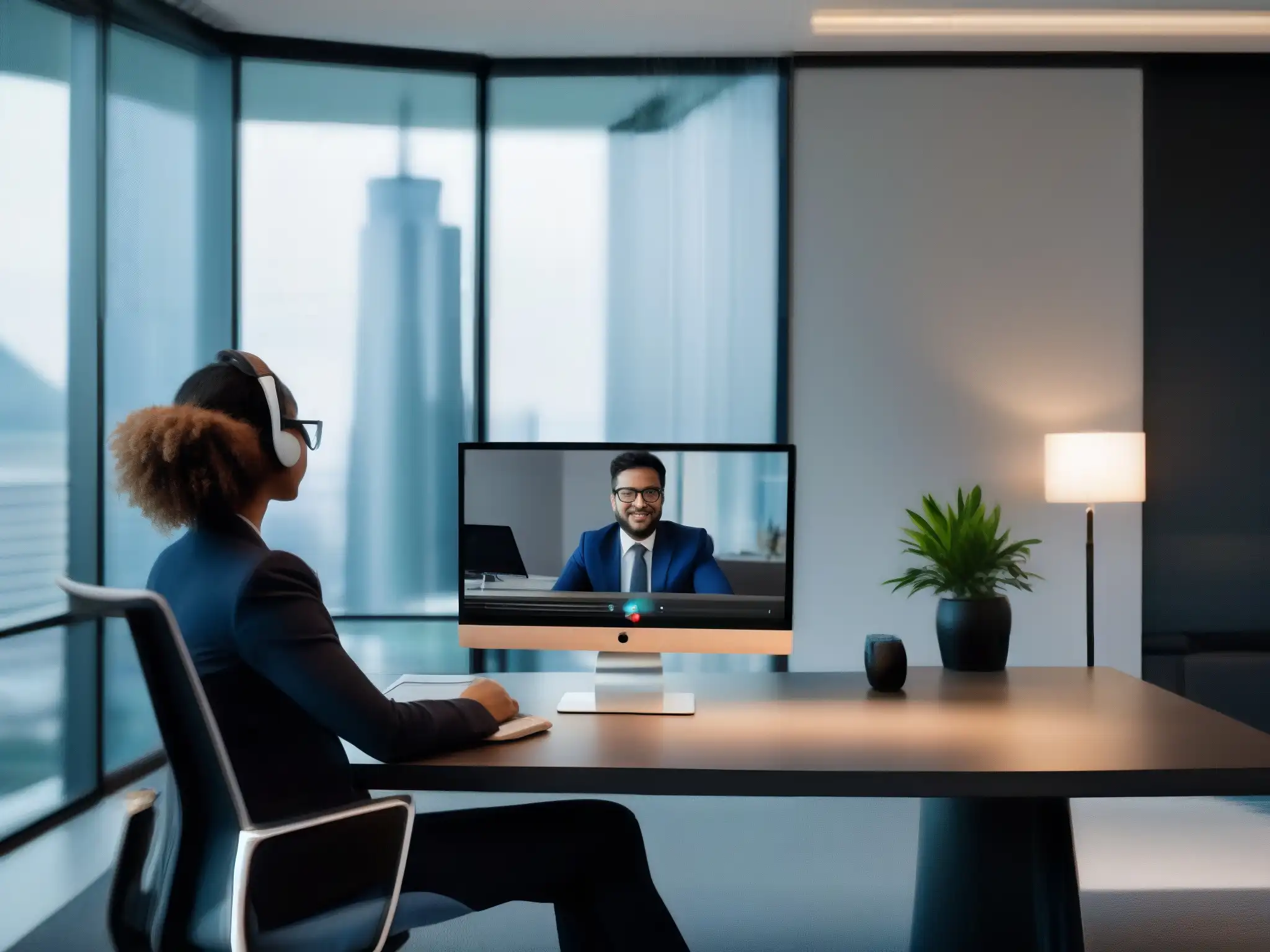 Videoconferencia profesional en un entorno moderno y enfocado Persona con técnicas de facilitación en videoconferencias productivas en un entorno moderno y profesional