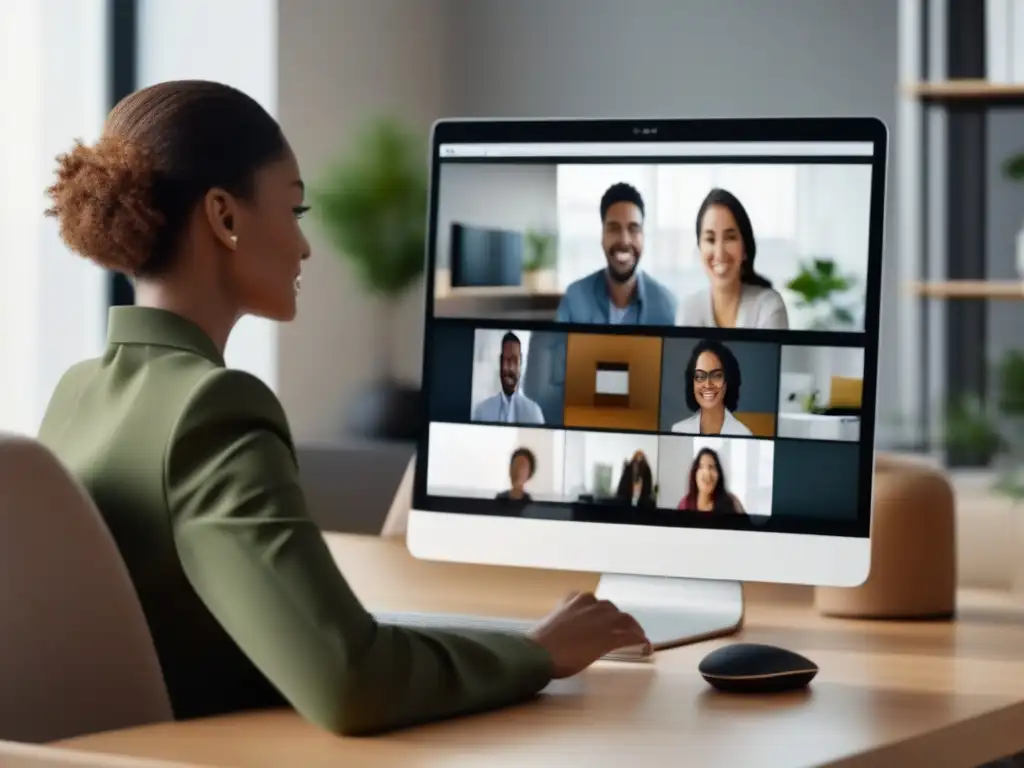 Productividad eficiente con videoconferencias profesionales Persona gestionando tiempo eficientemente en moderna plataforma de videoconferencia en elegante oficina
