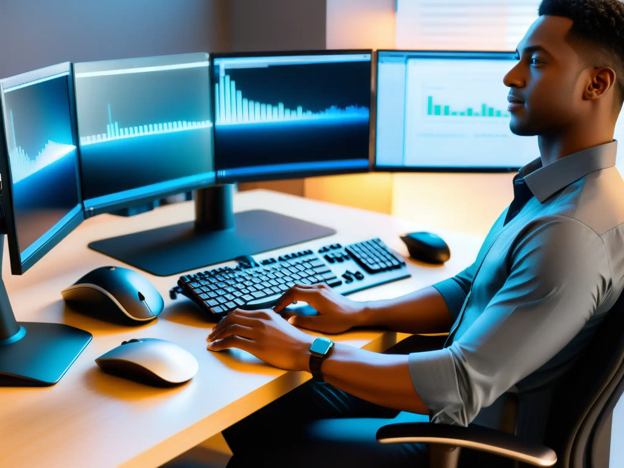 Estación de trabajo ergonómica: comodidad y profesionalismo Persona en estación de trabajo ergonómica, confort y profesionalismo