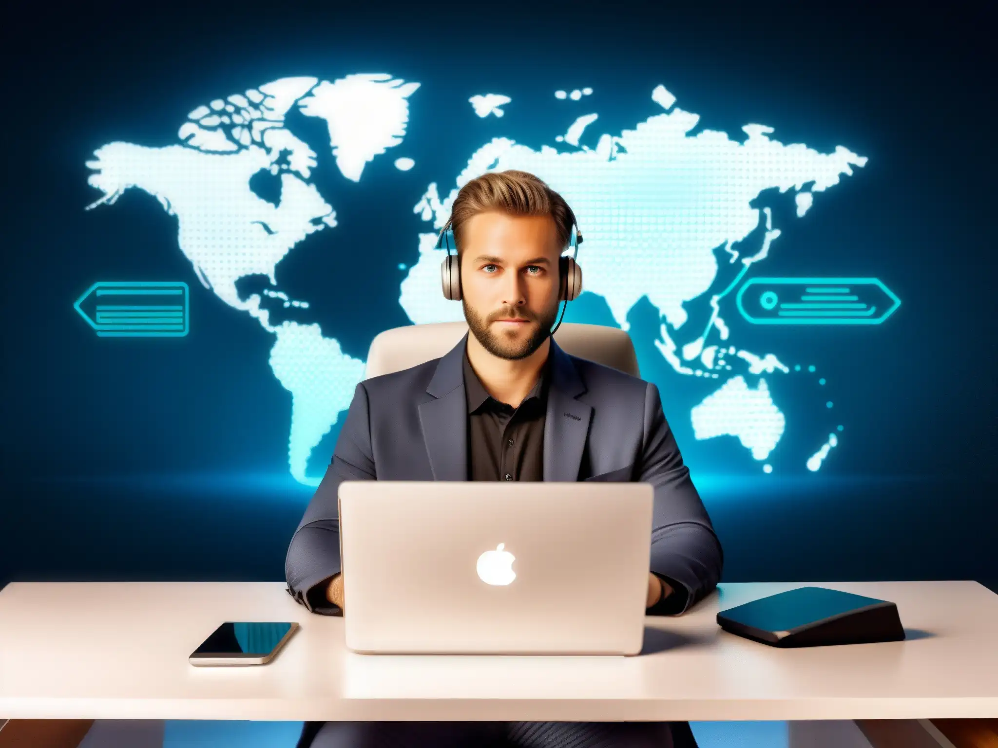Protección digital: herramientas avanzadas para videoconferencias Persona en traje profesional trabajando en un escritorio con herramientas de seguridad digital, protegiendo identidad digital en videoconferencias
