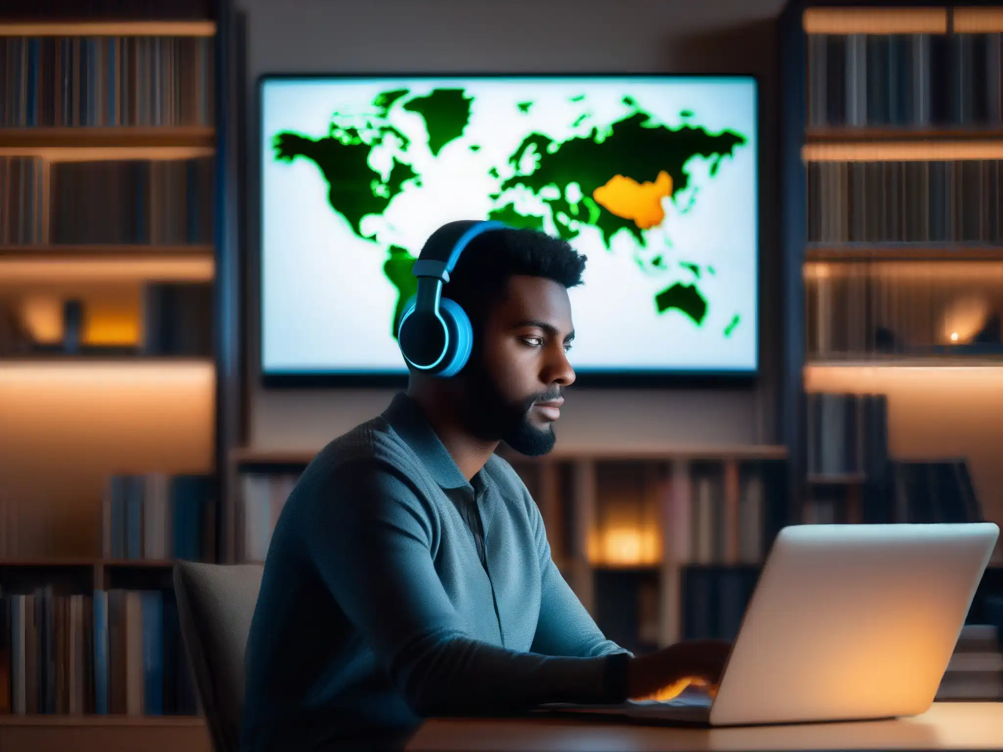 Privacidad en videoconferencia: concentración y seguridad 'Persona en videoconferencia, en cuarto tenue con privacidad y seguridad en técnicas de anonimato