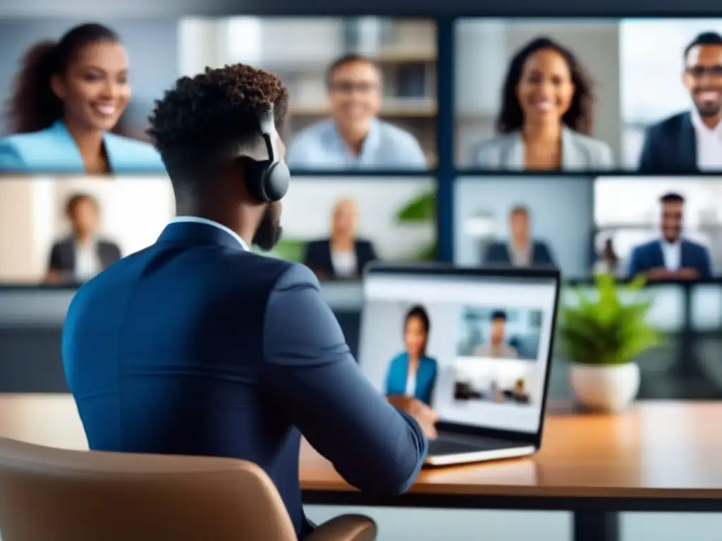 Videoconferencia profesional con detección avanzada de fondo Una persona en una videoconferencia con detección avanzada de fondo, ofreciendo una experiencia profesional y moderna