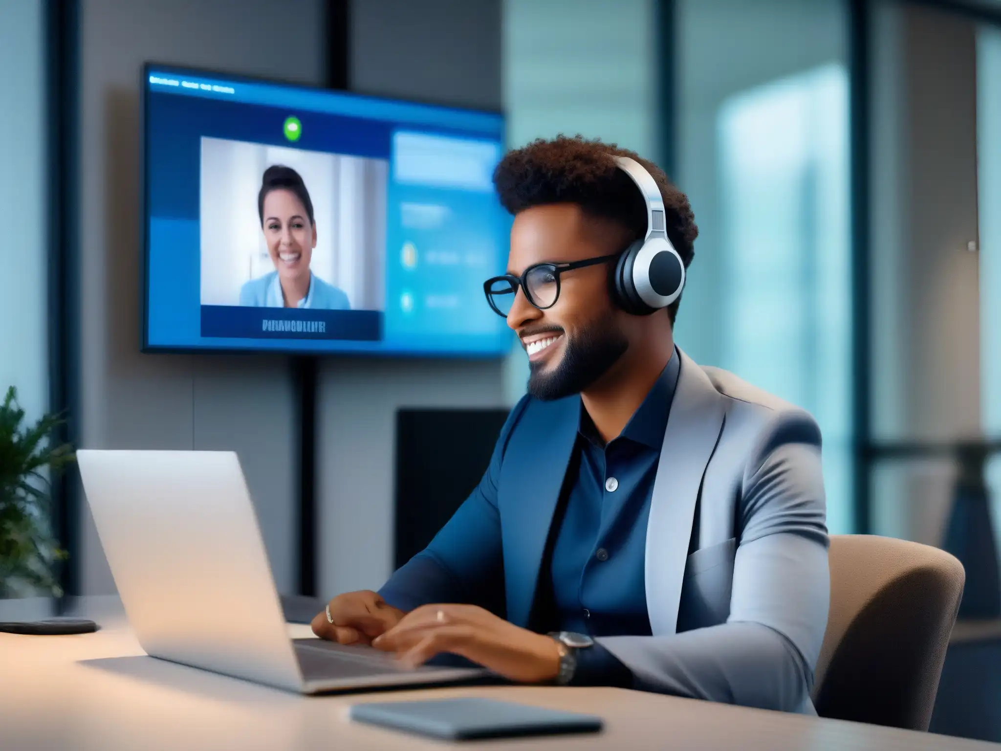 Productividad en videoconferencias: gestión eficiente del tiempo Persona en videoconferencia eficiente, con tecnología avanzada y gestión del tiempo óptima