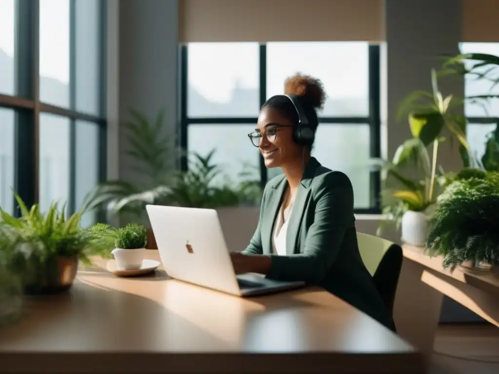 Videoconferencia relajante en un espacio profesional y equilibrado Persona en videoconferencia en un espacio relajante con plantas y luz natural, promoviendo la salud mental en videoconferencias