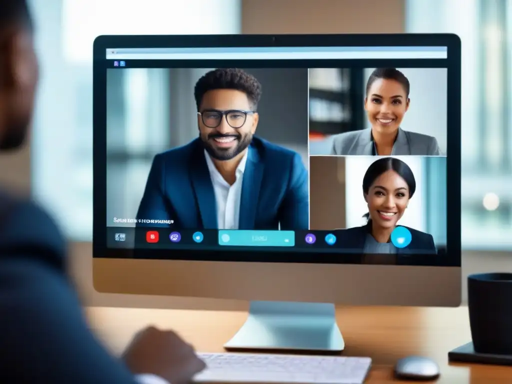Profesional en videoconferencia: expresiones faciales detalladas Persona participando en videoconferencia, mostrando expresiones faciales y movimientos oculares