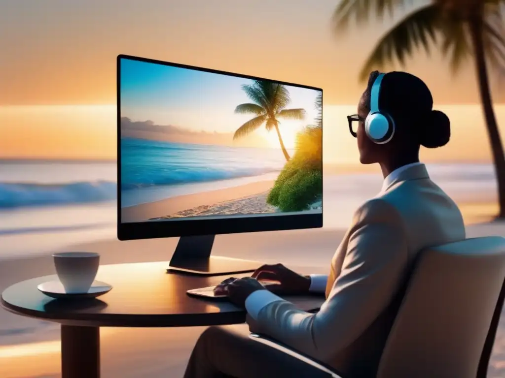 Videoconferencia profesional con fondo de playa serena Persona en videoconferencia con fondo virtual de playa tranquila, fusionando lo profesional con lo relajante