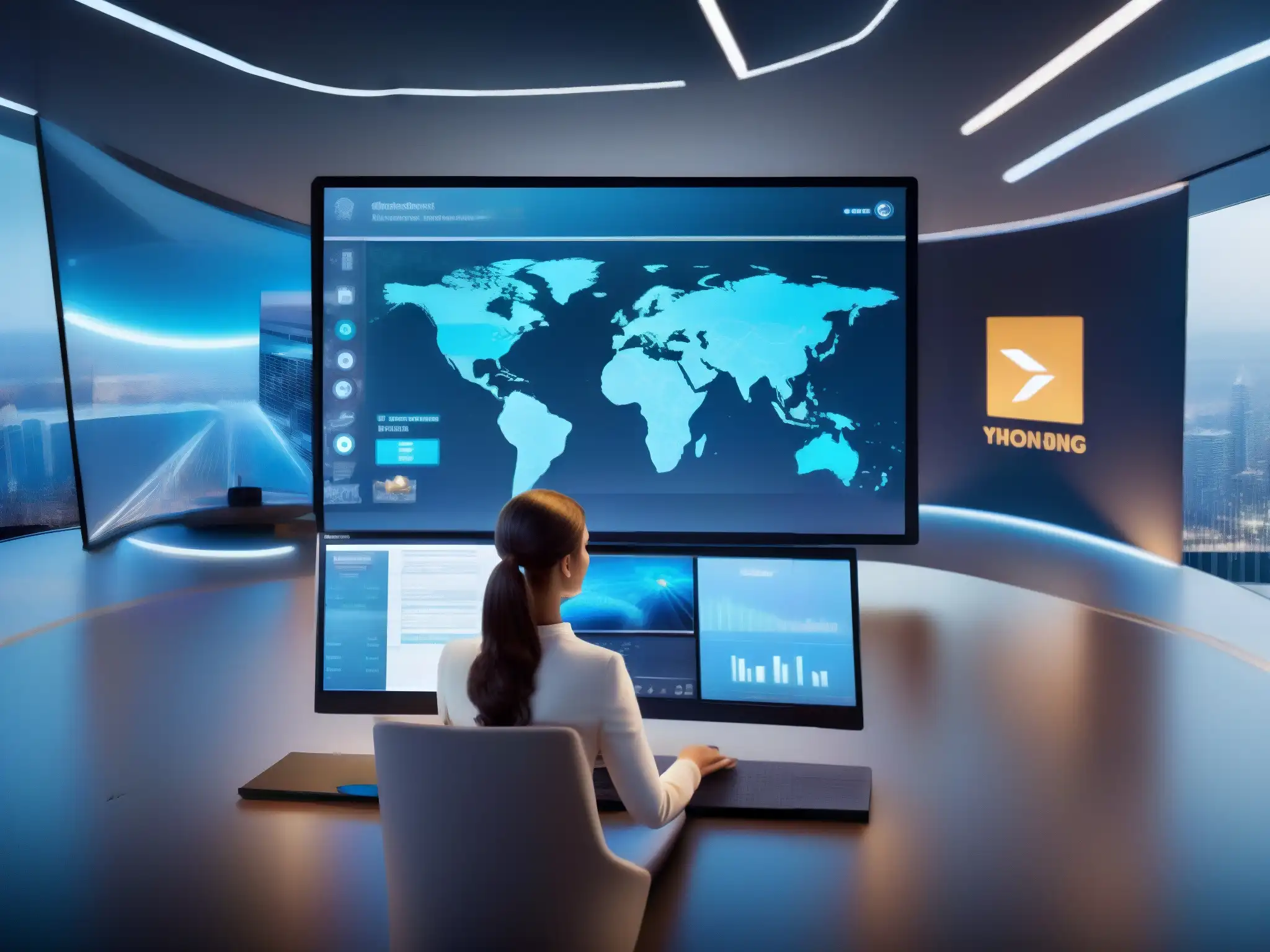 Líder en videoconferencia con tecnología avanzada Una persona lidera una videoconferencia con herramientas avanzadas de seguimiento, destacando la guía herramientas seguimiento videoconferencias