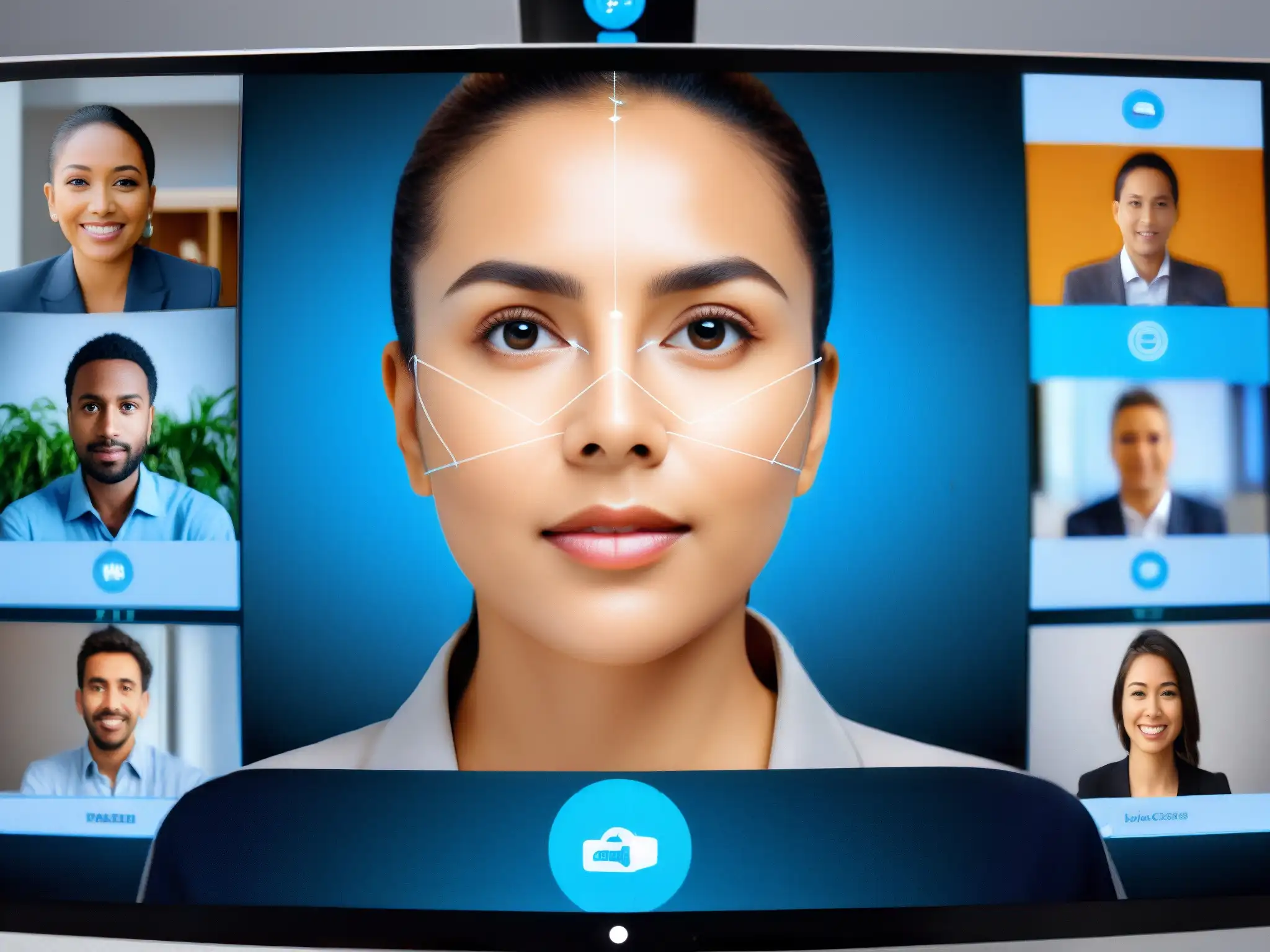 Avanzada tecnología de seguimiento facial en videoconferencia Persona participando en videoconferencia con mejoras en seguimiento ocular y facial, mostrando tecnología avanzada en pantalla