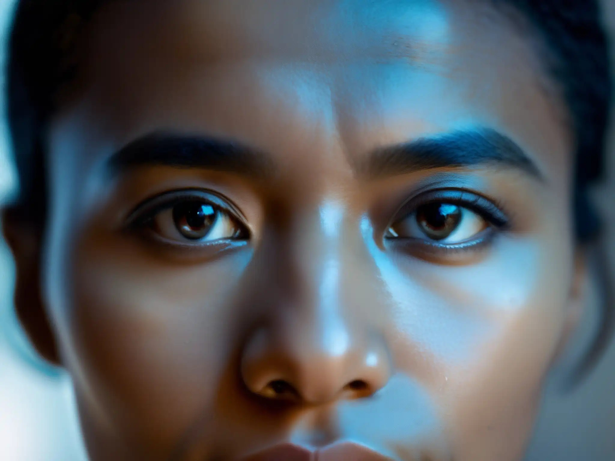 Detalles fascinantes: Expresiones faciales en videoconferencias Persona en videoconferencia con mejoras seguimiento ocular facial, expresiones detalladas y mirada directa, destacando su presencia profesional