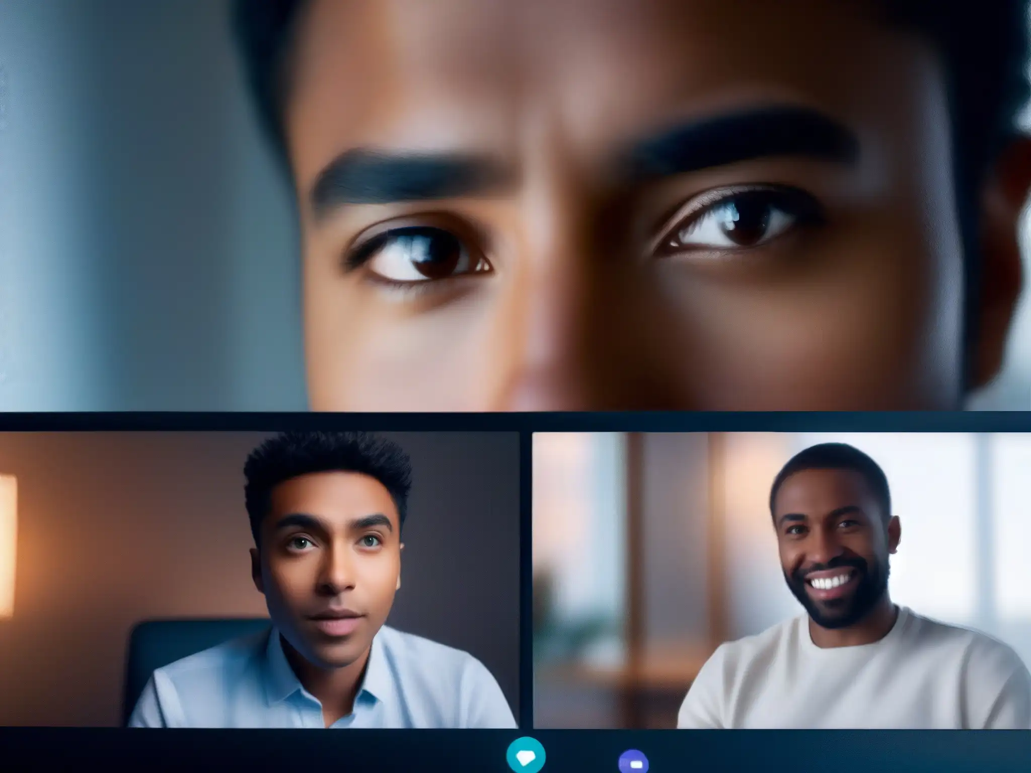 Emociones en Videoconferencia: Expresiones Sutiles 'Persona en videoconferencia con microexpresiones de sorpresa, concentración y empatía