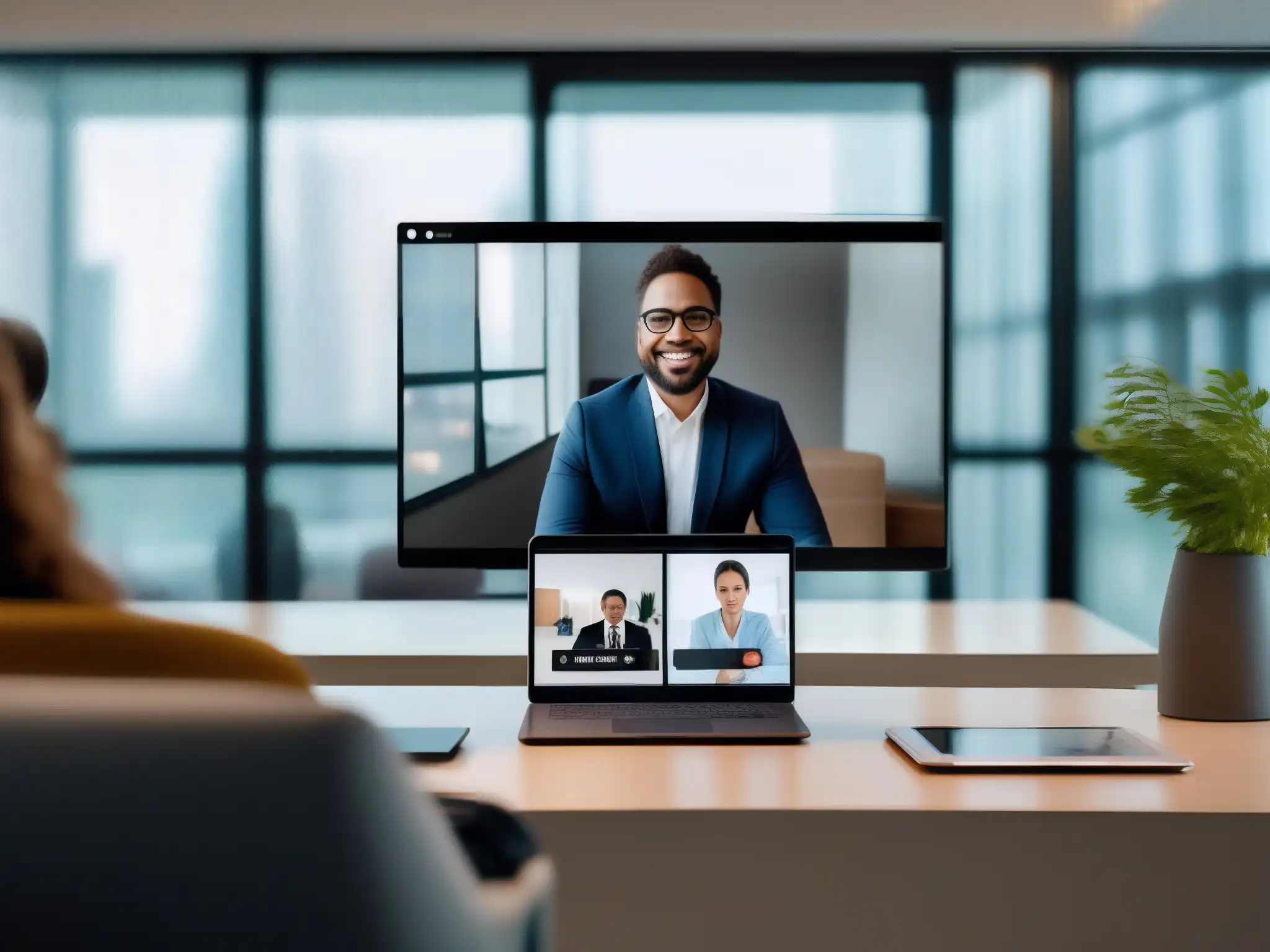 Videoconferencia profesional en smartphone en ambiente contemporáneo Persona en videoconferencia móvil en espacio profesional moderno