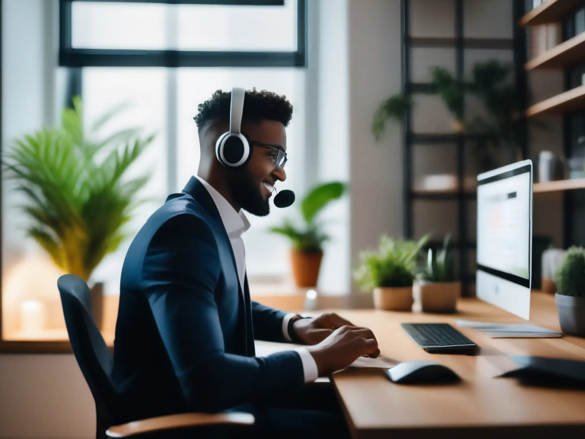 Oficina en casa: Reunión virtual en un entorno productivo Persona en videoconferencia en oficina en casa, rodeada de elementos productivos, creando un ambiente de trabajo remoto sereno y enfocado