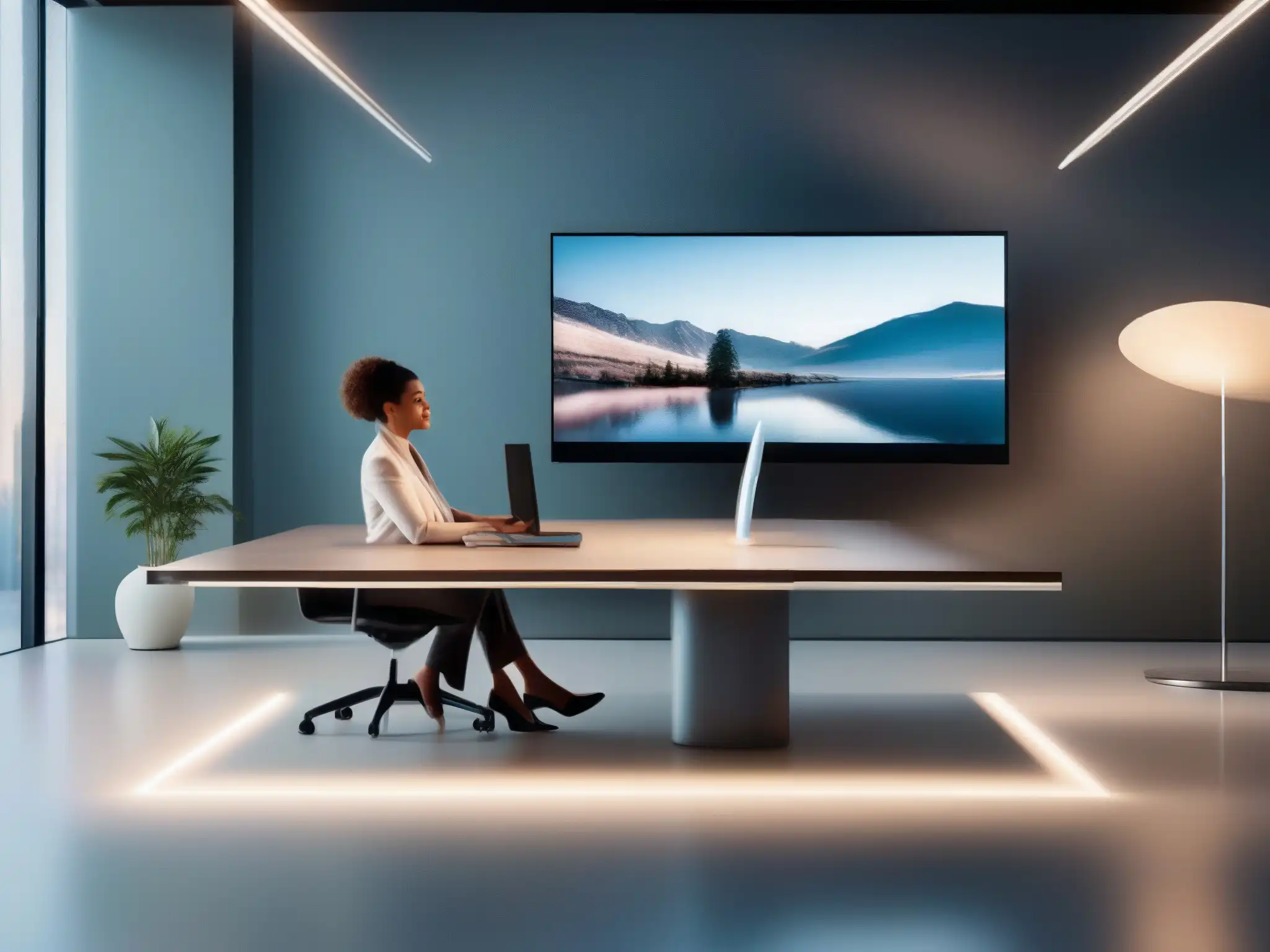 Persona en videoconferencia con personalización de fondos y filtros con IA en oficina moderna y luminosa