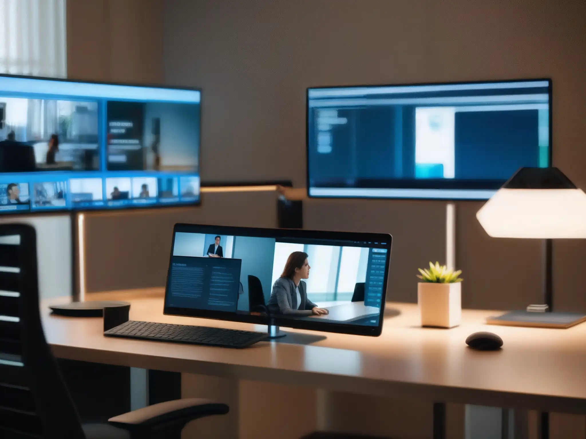 Oficina moderna y ergonómica para videoconferencias Persona en videoconferencia con prevención de fatiga visual en oficina moderna bien iluminada