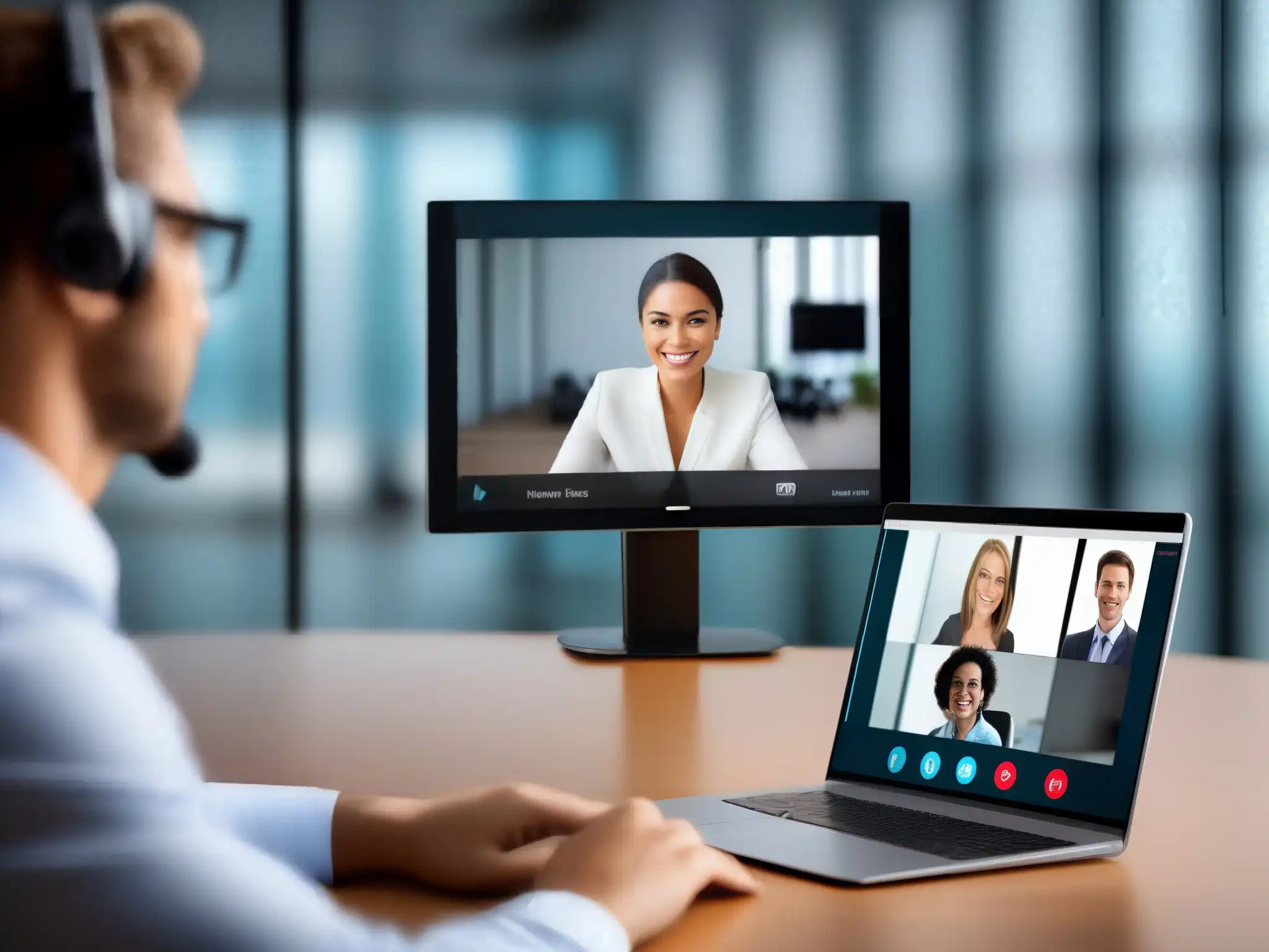 Videoconferencia profesional con sustitución dinámica de fondo Persona en videoconferencia profesional con detección de fondo en acción, expresión confiada y atenta