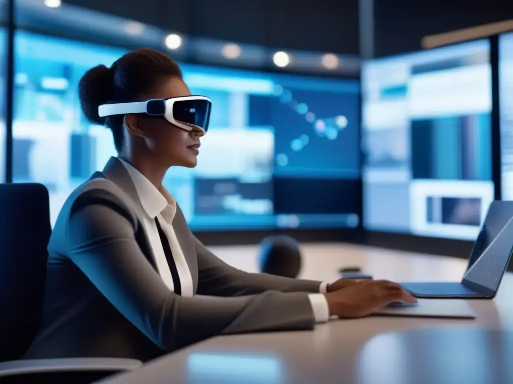 Videoconferencia profesional con gafas de realidad aumentada Persona en videoconferencia con realidad aumentada en moderna oficina