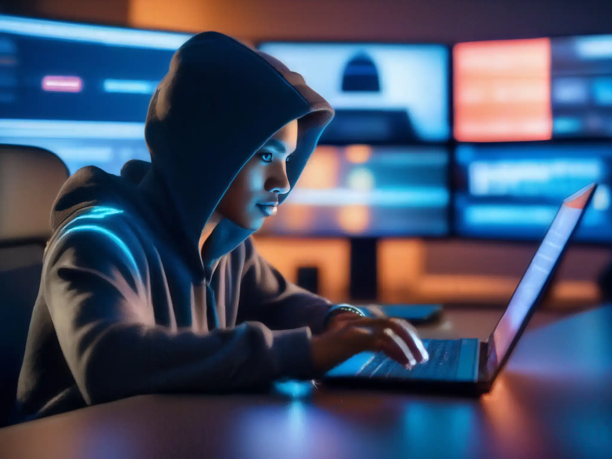 Experto en ciberseguridad en acción: conferencia virtual y codificación Persona en videoconferencia, rodeada de códigos de encriptación, en una habitación tenue, mostrando técnicas avanzadas de anonimato y privacidad